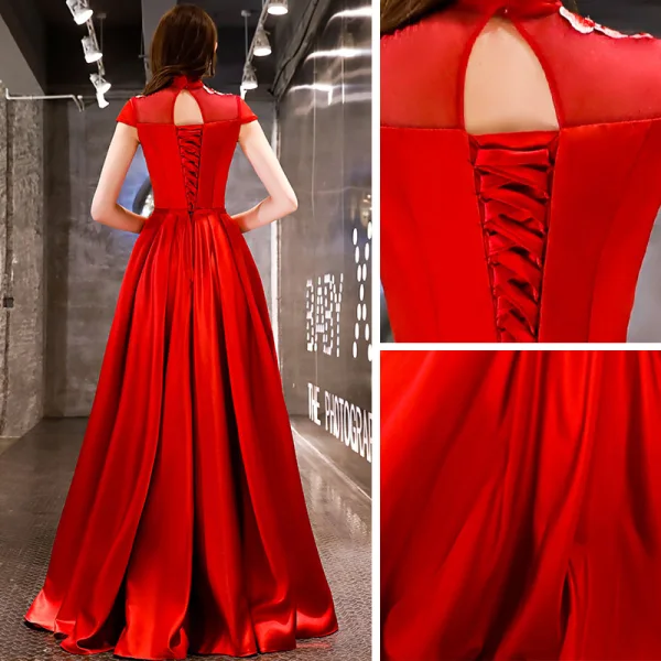 Chinese style Affordable Red Satin Evening Dresses  2019 A-Line / Princess High Neck Sleeveless Embroidered Flower Bow Sash Floor-Length / Long Ruffle Backless Formal Dresses
