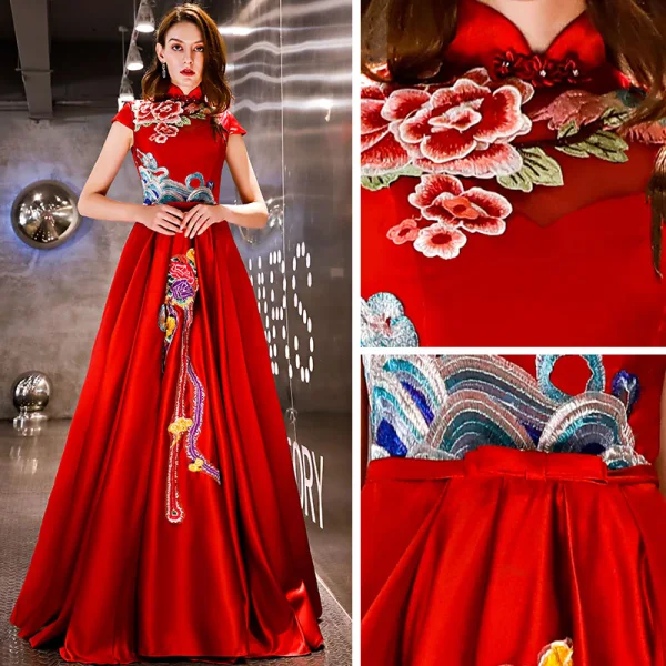 Chinese style Affordable Red Satin Evening Dresses  2019 A-Line / Princess High Neck Sleeveless Embroidered Flower Bow Sash Floor-Length / Long Ruffle Backless Formal Dresses