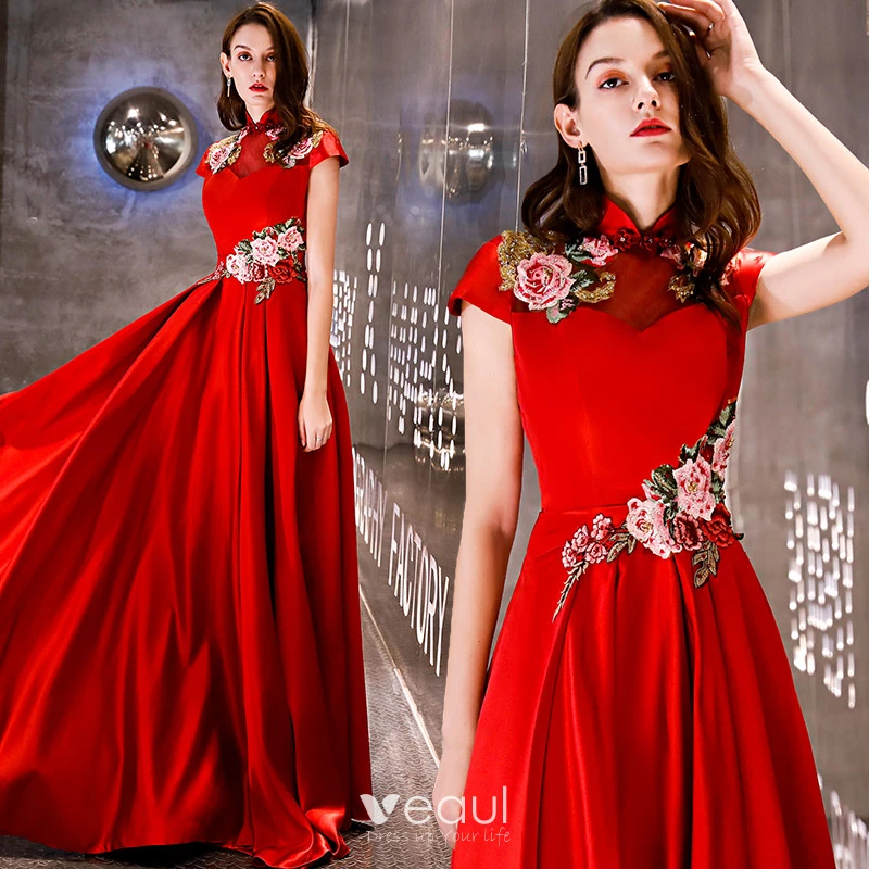 Chinese style Affordable Red Satin Evening Dresses 2019 A Line Princess High Neck Sleeveless Embroidered Flower Beading Floor Length Long Ruffle Backless Formal Dresses