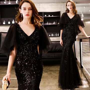 Abordable Noire Glitter Paillettes Robe De Soirée 2019 Trompette Sirène V Cou 1 2 Manches Longue Volants Dos Nu Robe De Ceremonie