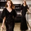 Abordable Noire Glitter Paillettes Robe De Soirée 2019 Trompette / Sirène V-Cou 1/2 Manches Longue Volants Dos Nu Robe De Ceremonie