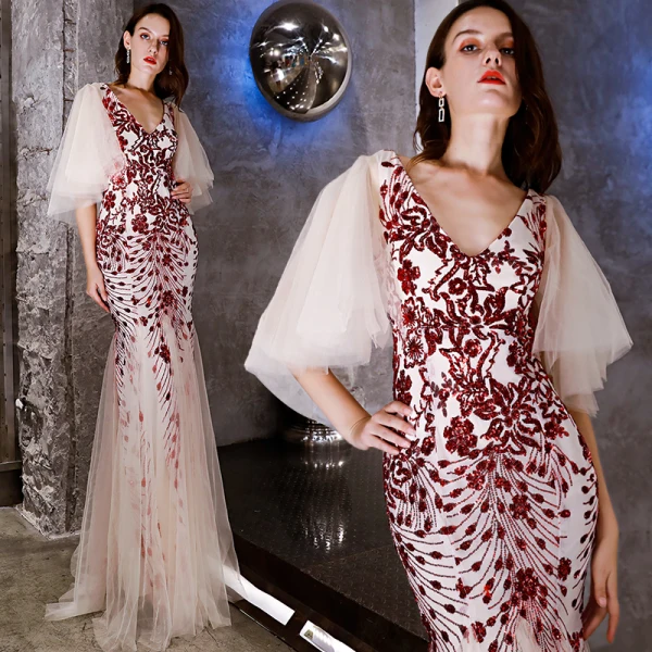 Abordable Noire Glitter Paillettes Robe De Soirée 2019 Trompette / Sirène V-Cou 1/2 Manches Longue Volants Dos Nu Robe De Ceremonie