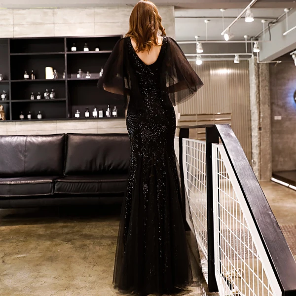 Abordable Noire Glitter Paillettes Robe De Soirée 2019 Trompette / Sirène V-Cou 1/2 Manches Longue Volants Dos Nu Robe De Ceremonie