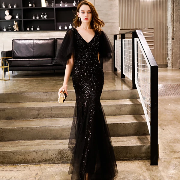 Abordable Noire Glitter Paillettes Robe De Soirée 2019 Trompette / Sirène V-Cou 1/2 Manches Longue Volants Dos Nu Robe De Ceremonie