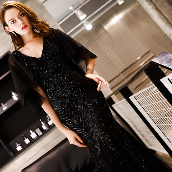 Affordable Black Glitter Sequins Evening Dresses 2019 Trumpet / Mermaid V-Neck 1/2 Sleeves Floor-Length / Long Ruffle Backless Formal Dresses Affordable Black Glitter Sequins Evening Dresses 2019 Trumpet / Mermaid V-Neck 1/2 Sleeves Floor-Length / Long Ruffle Backless Formal Dresses