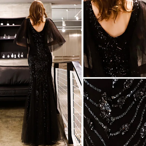 Abordable Noire Glitter Paillettes Robe De Soirée 2019 Trompette / Sirène V-Cou 1/2 Manches Longue Volants Dos Nu Robe De Ceremonie