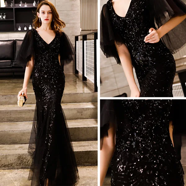 Abordable Noire Glitter Paillettes Robe De Soirée 2019 Trompette / Sirène V-Cou 1/2 Manches Longue Volants Dos Nu Robe De Ceremonie