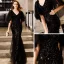 Abordable Noire Glitter Paillettes Robe De Soirée 2019 Trompette / Sirène V-Cou 1/2 Manches Longue Volants Dos Nu Robe De Ceremonie