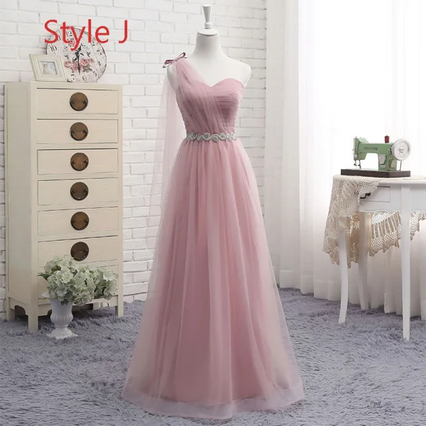 Affordable Pearl Pink Bridesmaid Dresses 2019 A-Line / Princess Off-The-Shoulder Short Sleeve Rhinestone Sash Floor-Length / Long Ruffle Backless Wedding Party Dresses