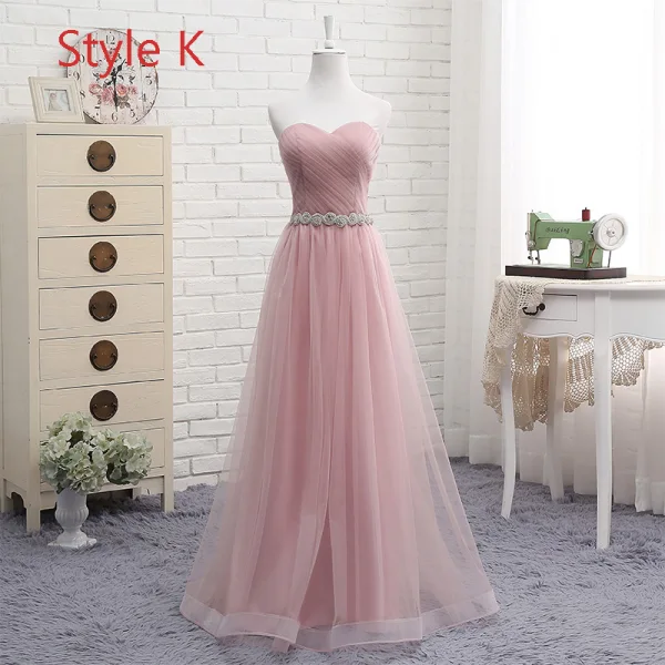 Affordable Pearl Pink Bridesmaid Dresses 2019 A-Line / Princess Off-The-Shoulder Short Sleeve Rhinestone Sash Floor-Length / Long Ruffle Backless Wedding Party Dresses