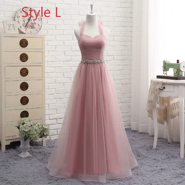 Affordable Pearl Pink Bridesmaid Dresses 2019 A-Line / Princess Off-The-Shoulder Short Sleeve Rhinestone Sash Floor-Length / Long Ruffle Backless Wedding Party Dresses