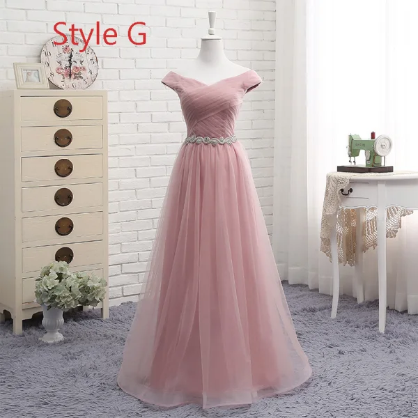 Affordable Pearl Pink Bridesmaid Dresses 2019 A-Line / Princess Off-The-Shoulder Short Sleeve Rhinestone Sash Floor-Length / Long Ruffle Backless Wedding Party Dresses