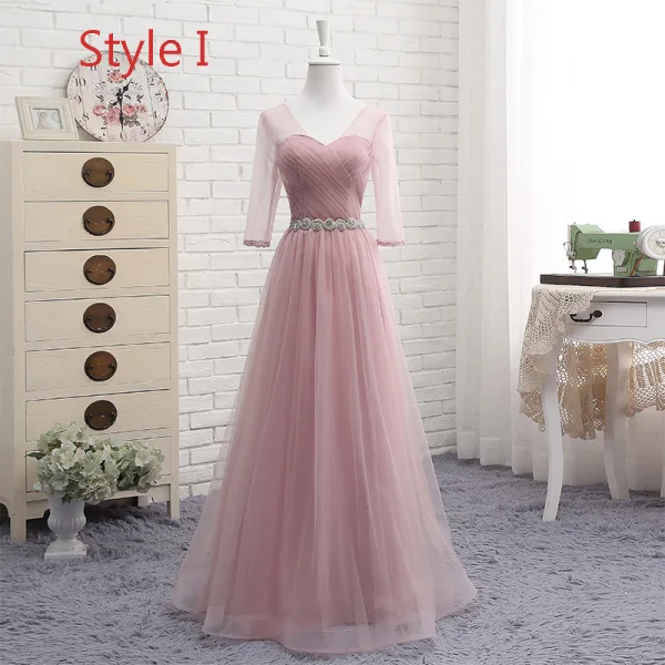 Affordable Pearl Pink Bridesmaid Dresses 2019 A-Line / Princess Off-The-Shoulder Short Sleeve Rhinestone Sash Floor-Length / Long Ruffle Backless Wedding Party Dresses