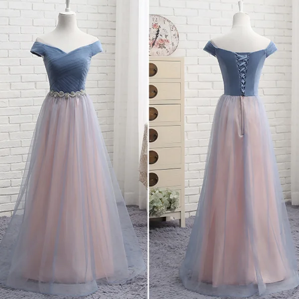 Affordable Pearl Pink Bridesmaid Dresses 2019 A-Line / Princess Off-The-Shoulder Short Sleeve Rhinestone Sash Floor-Length / Long Ruffle Backless Wedding Party Dresses