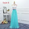 Affordable Jade Green Chiffon Bridesmaid Dresses 2019 A-Line / Princess Pearl Sash Floor-Length / Long Ruffle Backless Wedding Party Dresses