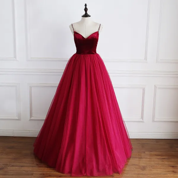 Modest / Simple Burgundy Suede Prom Dresses 2019 A-Line / Princess Spaghetti Straps Sleeveless Floor-Length / Long Ruffle Backless Formal Dresses