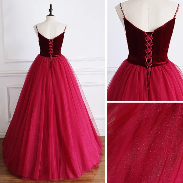 Modest / Simple Burgundy Suede Prom Dresses 2019 A-Line / Princess Spaghetti Straps Sleeveless Floor-Length / Long Ruffle Backless Formal Dresses
