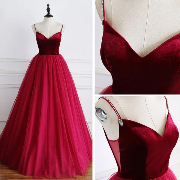 Modest / Simple Burgundy Suede Prom Dresses 2019 A-Line / Princess Spaghetti Straps Sleeveless Floor-Length / Long Ruffle Backless Formal Dresses