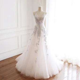 Classy Blushing Pink Evening Dresses 2019 A Line Princess V Neck Spaghetti Straps Sleeveless Embroidered Flower Rhinestone Sweep Train Ruffle Backless Formal Dresses