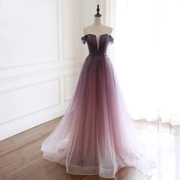 Élégant Grape Dégradé De Couleur Robe De Bal 2019 Princesse De L 039 Épaule Transparentes Col V Profond Manches Courtes Perlage Ceinture Train De Balayage Volants Dos Nu Robe De Ceremonie
