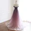 Elegante Traube Farbverlauf Ballkleider 2019 A Linie Off Shoulder Durchsichtige Tiefer V-Ausschnitt Kurze Ärmel Perlenstickerei Stoffgürtel Sweep / Pinsel Zug Rüschen Rückenfreies Festliche Kleider