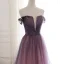 Elegante Traube Farbverlauf Ballkleider 2019 A Linie Off Shoulder Durchsichtige Tiefer V-Ausschnitt Kurze Ärmel Perlenstickerei Stoffgürtel Sweep / Pinsel Zug Rüschen Rückenfreies Festliche Kleider
