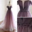 Elegante Traube Farbverlauf Ballkleider 2019 A Linie Off Shoulder Durchsichtige Tiefer V-Ausschnitt Kurze Ärmel Perlenstickerei Stoffgürtel Sweep / Pinsel Zug Rüschen Rückenfreies Festliche Kleider