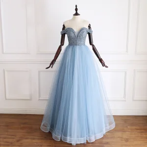 Luxe Bleu Robe De Soirée 2019 Princesse De L 039 Épaule Manches Courtes Fait Main Perlage Glitter Tulle Longue Volants Dos Nu Robe De Ceremonie