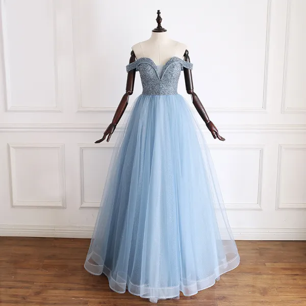 Luxe Bleu Robe De Soirée 2019 Princesse De l'épaule Manches Courtes Fait main Perlage Glitter Tulle Longue Volants Dos Nu Robe De Ceremonie