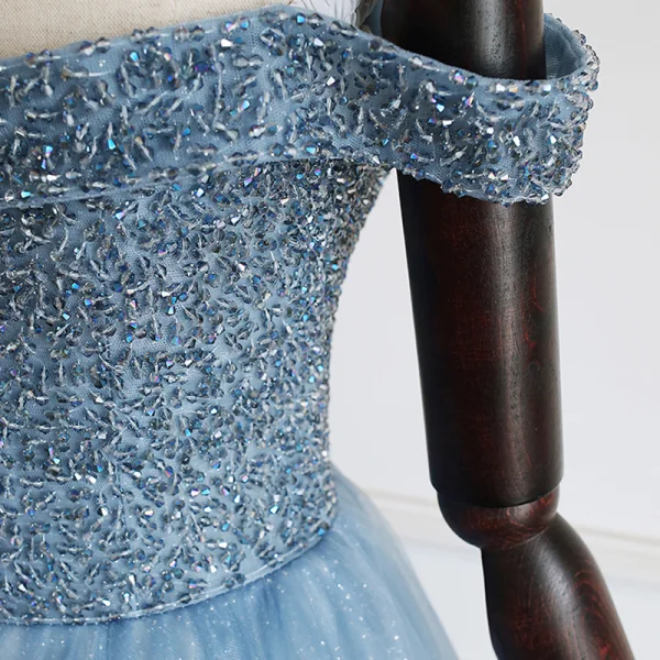 Luxury / Gorgeous Pool Blue Evening Dresses  2019 A-Line / Princess Off-The-Shoulder Short Sleeve Handmade  Beading Glitter Tulle Floor-Length / Long Ruffle Backless Formal Dresses