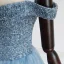 Luxury / Gorgeous Pool Blue Evening Dresses  2019 A-Line / Princess Off-The-Shoulder Short Sleeve Handmade  Beading Glitter Tulle Floor-Length / Long Ruffle Backless Formal Dresses