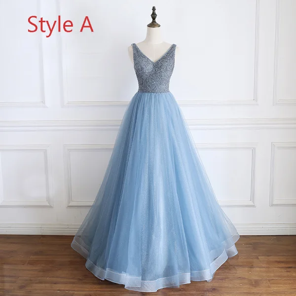 Luxury / Gorgeous Pool Blue Evening Dresses  2019 A-Line / Princess Off-The-Shoulder Short Sleeve Handmade  Beading Glitter Tulle Floor-Length / Long Ruffle Backless Formal Dresses