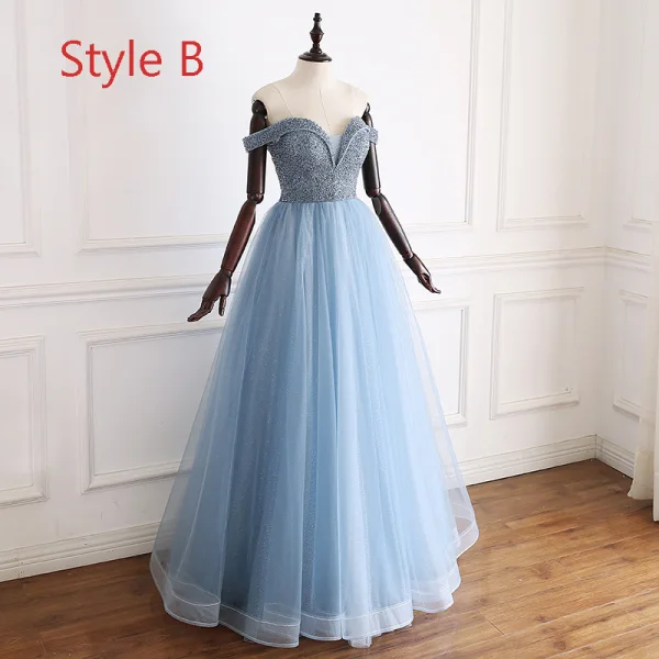 Luxury / Gorgeous Pool Blue Evening Dresses  2019 A-Line / Princess Off-The-Shoulder Short Sleeve Handmade  Beading Glitter Tulle Floor-Length / Long Ruffle Backless Formal Dresses