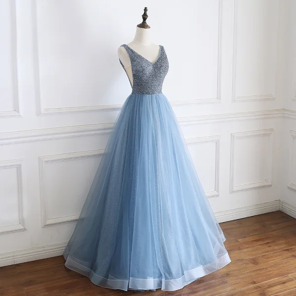 Luxury / Gorgeous Pool Blue Evening Dresses  2019 A-Line / Princess Off-The-Shoulder Short Sleeve Handmade  Beading Glitter Tulle Floor-Length / Long Ruffle Backless Formal Dresses