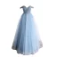 Luxury / Gorgeous Pool Blue Evening Dresses  2019 A-Line / Princess Off-The-Shoulder Short Sleeve Handmade  Beading Glitter Tulle Floor-Length / Long Ruffle Backless Formal Dresses