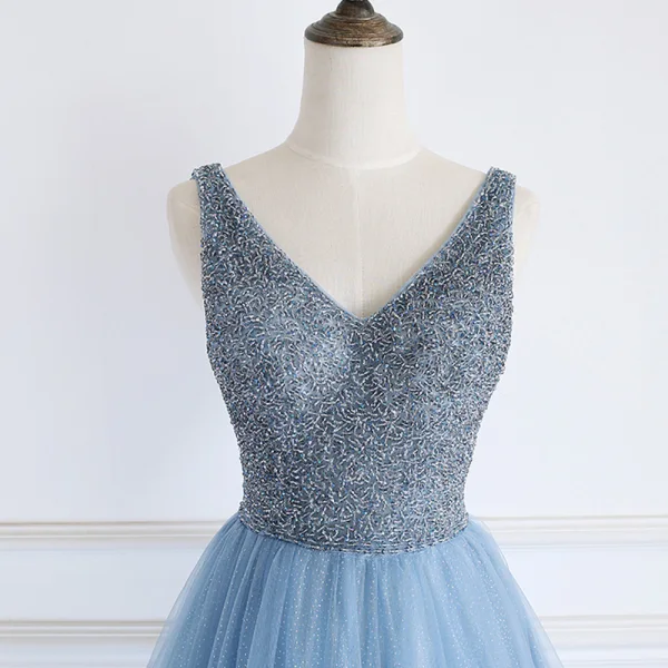 Luxury / Gorgeous Pool Blue Evening Dresses  2019 A-Line / Princess Off-The-Shoulder Short Sleeve Handmade  Beading Glitter Tulle Floor-Length / Long Ruffle Backless Formal Dresses