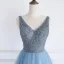 Luxury / Gorgeous Pool Blue Evening Dresses  2019 A-Line / Princess Off-The-Shoulder Short Sleeve Handmade  Beading Glitter Tulle Floor-Length / Long Ruffle Backless Formal Dresses