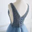 Luxury / Gorgeous Pool Blue Evening Dresses  2019 A-Line / Princess Off-The-Shoulder Short Sleeve Handmade  Beading Glitter Tulle Floor-Length / Long Ruffle Backless Formal Dresses