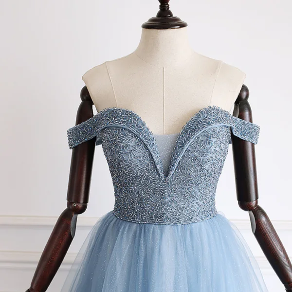 Luxury / Gorgeous Pool Blue Evening Dresses  2019 A-Line / Princess Off-The-Shoulder Short Sleeve Handmade  Beading Glitter Tulle Floor-Length / Long Ruffle Backless Formal Dresses