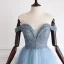 Luxury / Gorgeous Pool Blue Evening Dresses  2019 A-Line / Princess Off-The-Shoulder Short Sleeve Handmade  Beading Glitter Tulle Floor-Length / Long Ruffle Backless Formal Dresses