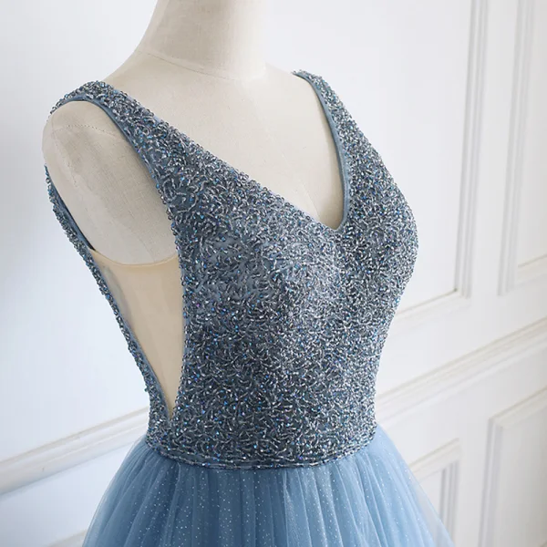 Luxury / Gorgeous Pool Blue Evening Dresses  2019 A-Line / Princess Off-The-Shoulder Short Sleeve Handmade  Beading Glitter Tulle Floor-Length / Long Ruffle Backless Formal Dresses