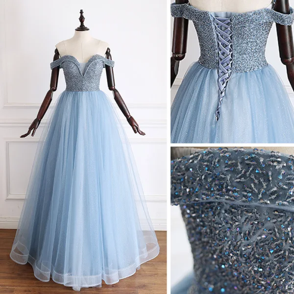 Luxury / Gorgeous Pool Blue Evening Dresses  2019 A-Line / Princess Off-The-Shoulder Short Sleeve Handmade  Beading Glitter Tulle Floor-Length / Long Ruffle Backless Formal Dresses