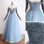 Luxury / Gorgeous Pool Blue Evening Dresses  2019 A-Line / Princess Off-The-Shoulder Short Sleeve Handmade  Beading Glitter Tulle Floor-Length / Long Ruffle Backless Formal Dresses