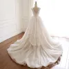 Sexy Champagne Organza Wedding Dresses 2019 A-Line / Princess See-through Deep V-Neck Sleeveless Backless Glitter Tulle Court Train