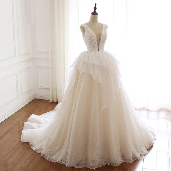Sexy Champagne Organza Wedding Dresses 2019 A-Line / Princess See-through Deep V-Neck Sleeveless Backless Glitter Tulle Court Train