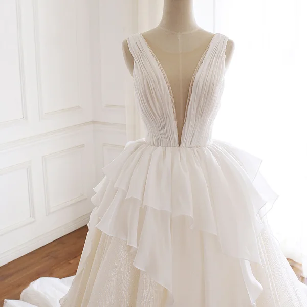 Sexy Champagne Organza Wedding Dresses 2019 A-Line / Princess See-through Deep V-Neck Sleeveless Backless Glitter Tulle Court Train