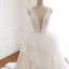 Sexy Champagne Organza Wedding Dresses 2019 A-Line / Princess See-through Deep V-Neck Sleeveless Backless Glitter Tulle Court Train
