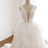Sexy Champagne Organza Wedding Dresses 2019 A-Line / Princess See-through Deep V-Neck Sleeveless Backless Glitter Tulle Court Train
