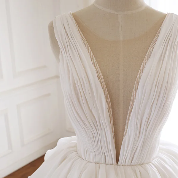 Sexy Champagne Organza Wedding Dresses 2019 A-Line / Princess See-through Deep V-Neck Sleeveless Backless Glitter Tulle Court Train