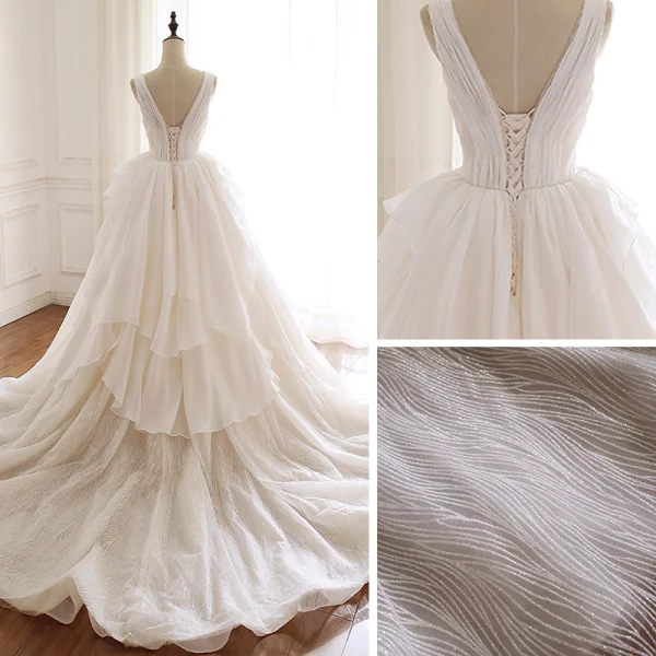 Sexy Champagne Organza Wedding Dresses 2019 A-Line / Princess See-through Deep V-Neck Sleeveless Backless Glitter Tulle Court Train